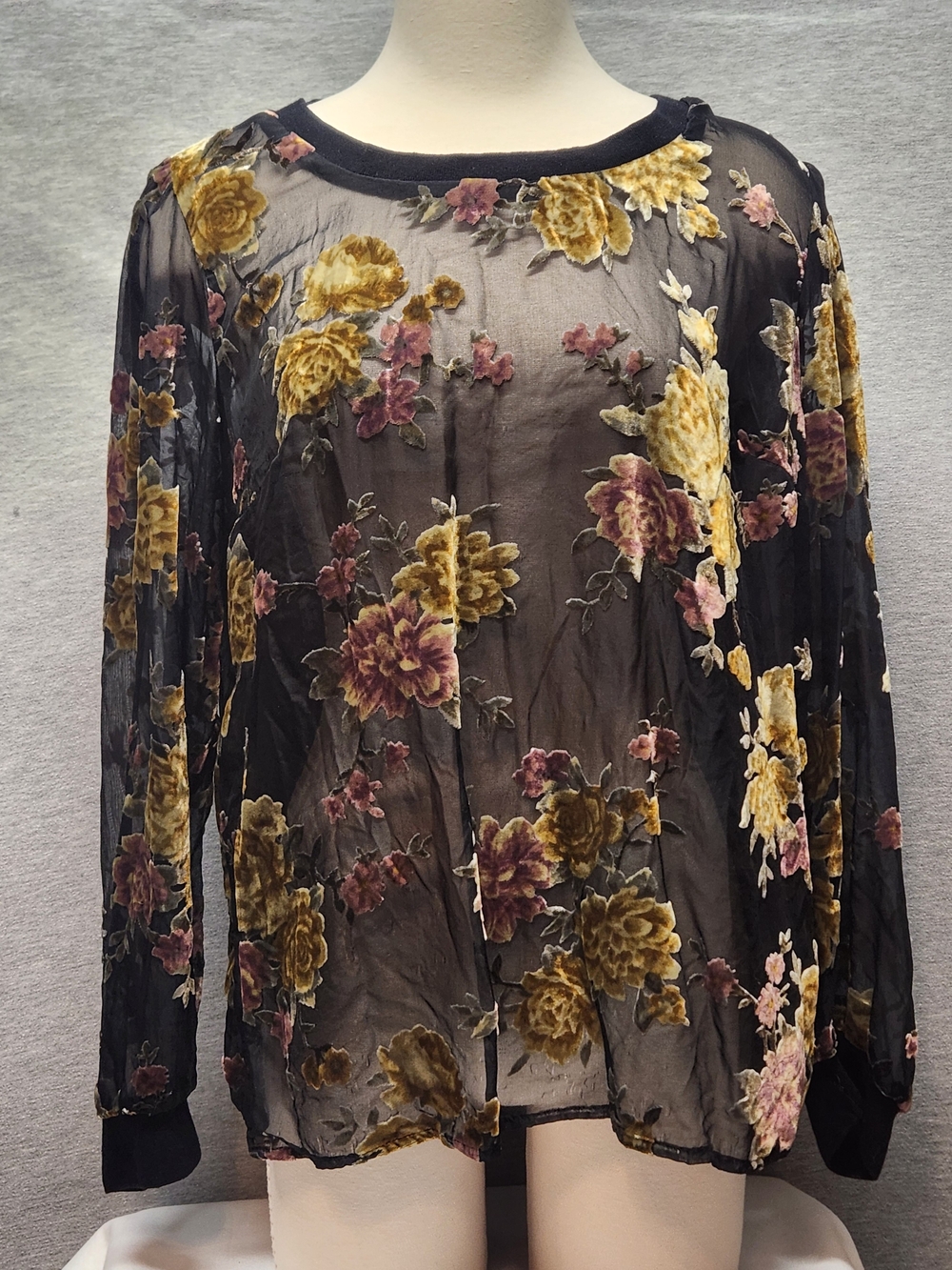 a new day Black Sheer Floral Velvet Burnout Long Sleeve Top